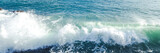 Wave on ocean, banner, sea wave close up photography. Macro photo of ocean foam