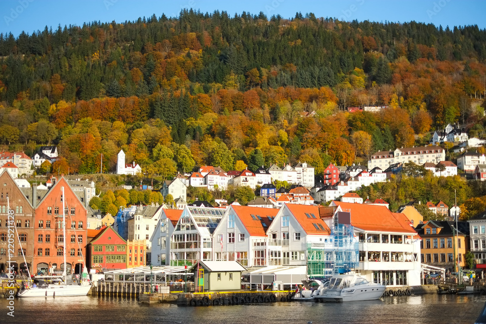 Bryggen, the old wharf and landmark of Bergen, Norway in a sunny day -popular tourist atrraction