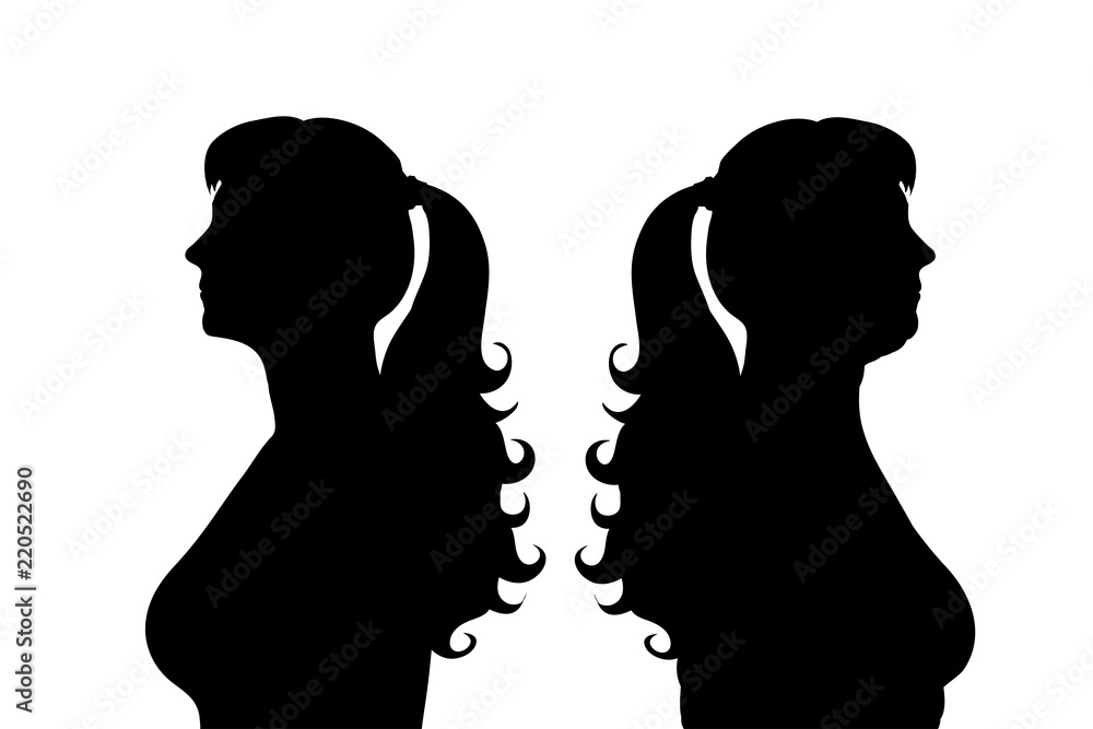 Vector silhouette of slim and fat woman on white background.