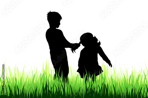 Vector silhouette of children who play on the meadow.