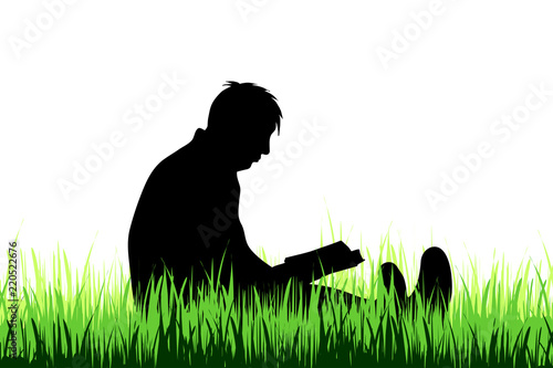Vector silhouette of man who read book on the meadow.