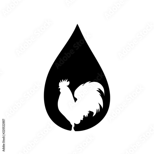 Vector silhouette of the rooster in the drop on white background.