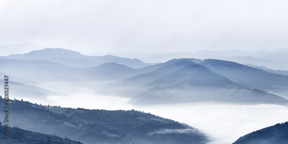 Blue toned mountain peaks in distance, Lovely panoramic view of rolling hills. Location - National Carpathian Biospherical Park in Ukraine. Fine background.  Spectacular landscape photography.