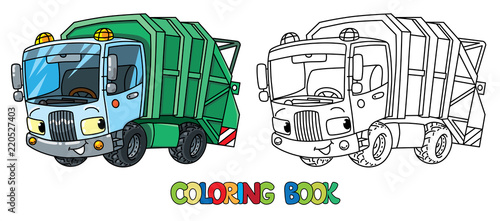 Funny garbage truck car with eyes. Coloring book
