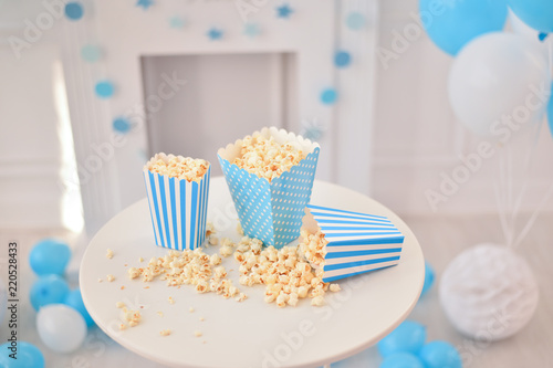 One year birthday decorations. Popcorn party. A lot of balloons. Decorations for holiday party. 