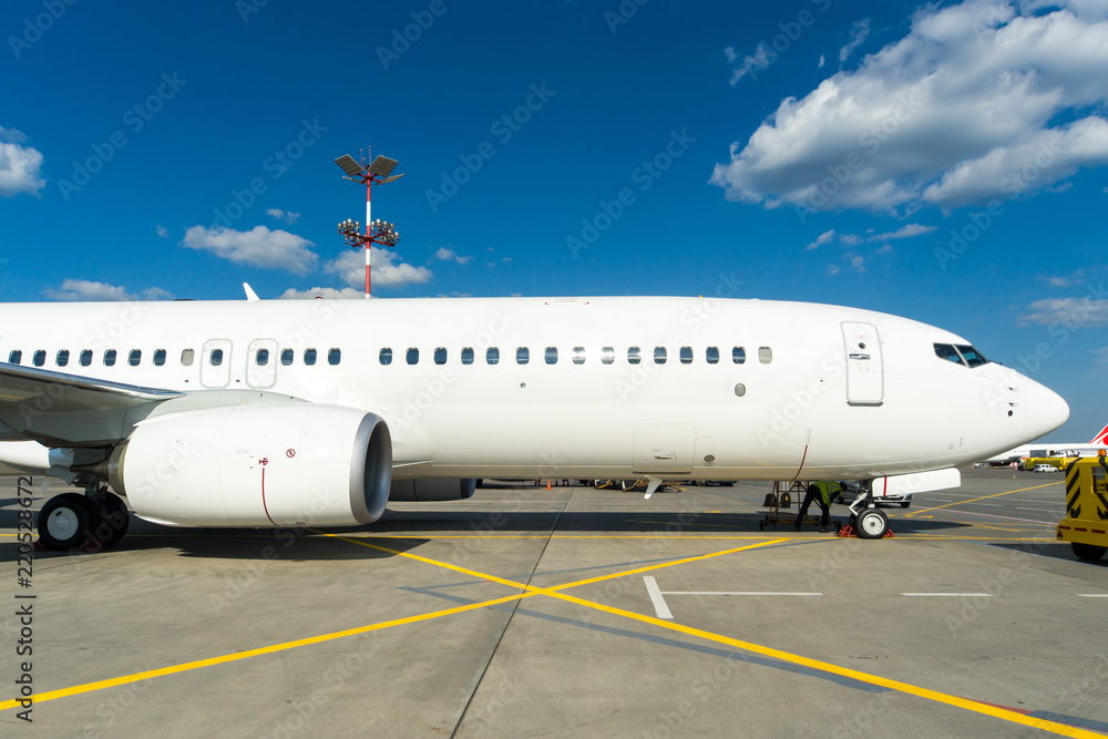 Moscow, Russia - August, 2018: Ground maintenance of Boeing 737 Nordwind airlines at Sheremetyevo international airport Moscow, Russia - August, 2018: Ground maintenance of Boeing 737 Nordwind airlines at Sheremetyevo international airport