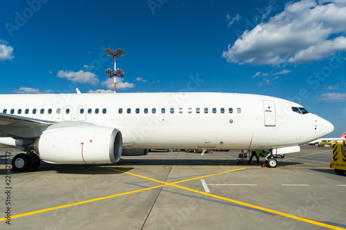 Moscow, Russia - August, 2018: Ground maintenance of Boeing 737 Nordwind airlines at Sheremetyevo international airport