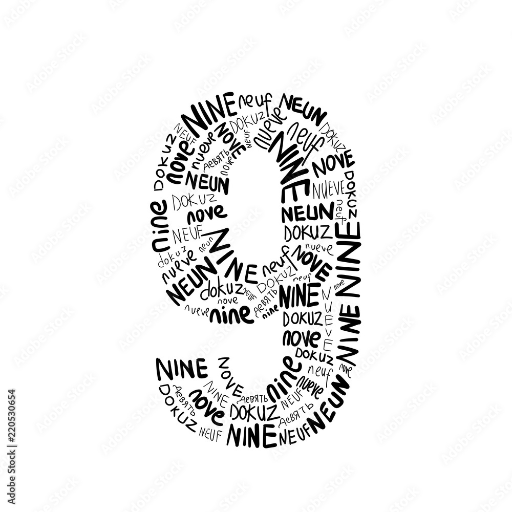 Nine - Multilingual Hand drawn number illustration Nine - Multilingual Hand drawn number illustration