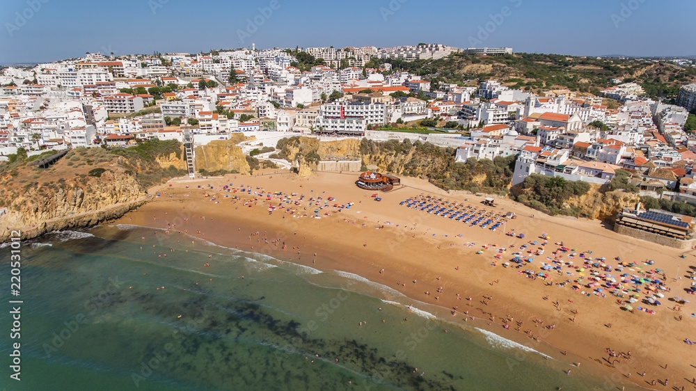 Aerial view of city of Albufeira, beach pescadores, in the south of Portugal.
