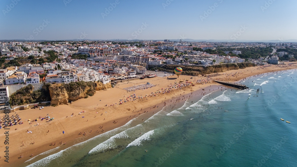Aerial view of city of Albufeira, beach pescadores, in the south of Portugal.