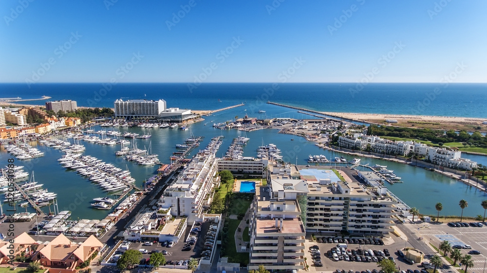 Aerial view of the bay of the marina, with luxury yachts in Vilamoura.