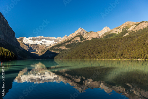 Amazing lake surrounded by mountains and glaciers in a blue sky day in Banff National Park in Canada