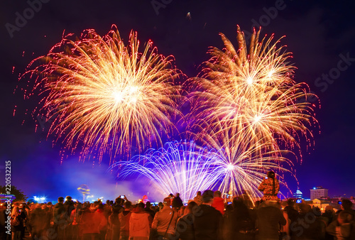 Crowd watching fireworks and celebrating. city holiday scene with fireworks