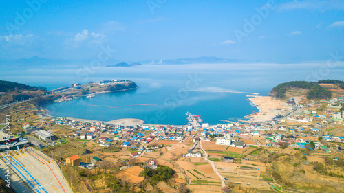 Aerial view of beautiful gulf in South Korea. Aerial view from drone.