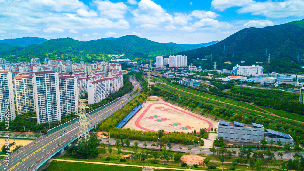 Aerial view of Yangsan city, South Korea. Aerial view from drone