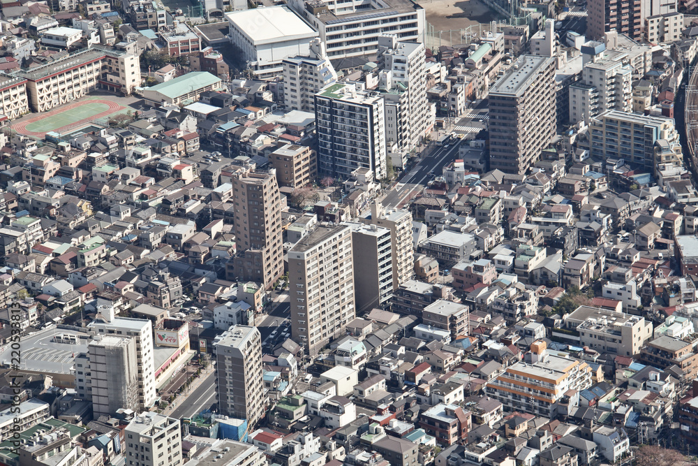 Aerial view of Skyscraper buildings in Tokyo City.Modern skyline and urban background