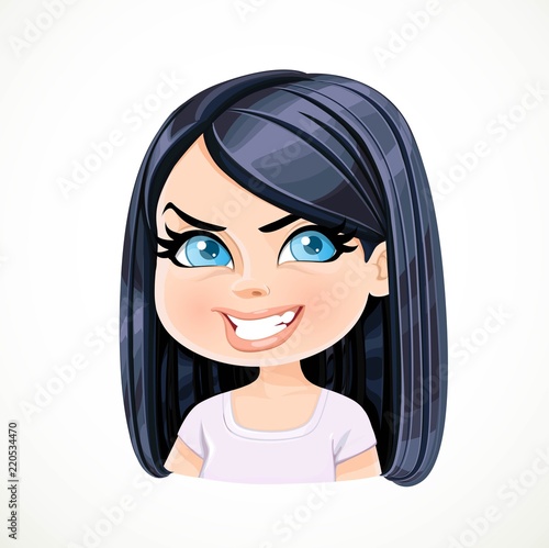 Beautiful insidious cartoon brunette girl portrait isolated on white background