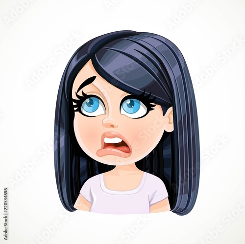 Beautiful dissatisfied cartoon brunette girl portrait isolated on white background