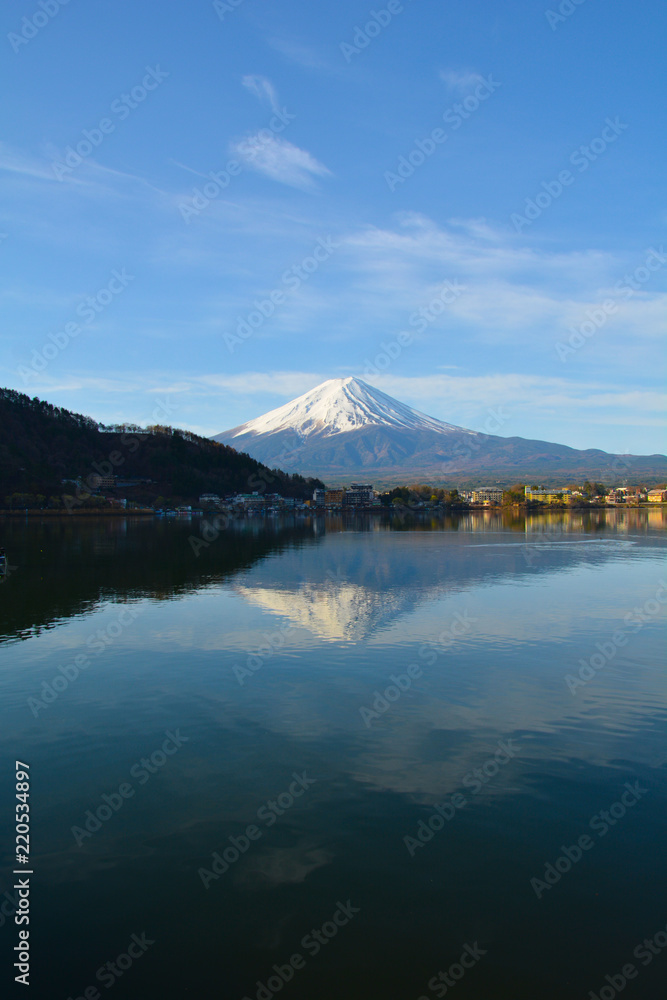 Mount Fuji In Early Morning With Reflection On Lake Kawaguchiko, Japanese Scenery