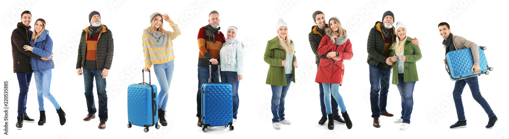 Set with people in warm clothes and suitcases on white background. Ready for winter vacation Set with people in warm clothes and suitcases on white background. Ready for winter vacation
