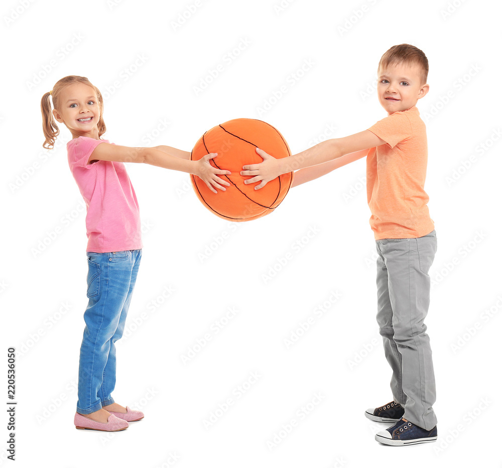 Cute little children playing with ball on white background Cute little children playing with ball on white background