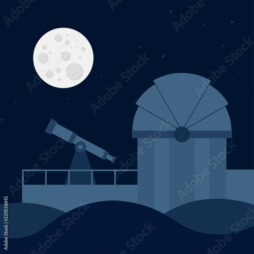 Silhouette of the astronomical observatory with full moon and night sky - Vector