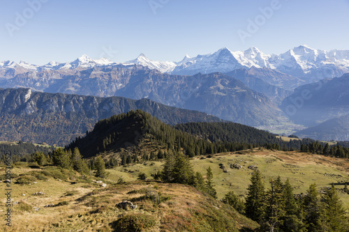 Autumn alpine landscape on the Niederhorn in the Bernese Oberland in Switzerland with Eiger, Moench and Jungfrau in the background