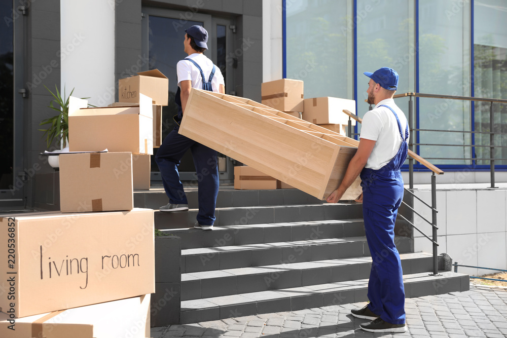 Male movers carrying shelving unit into new house - obrazy, fototapety, plakaty 