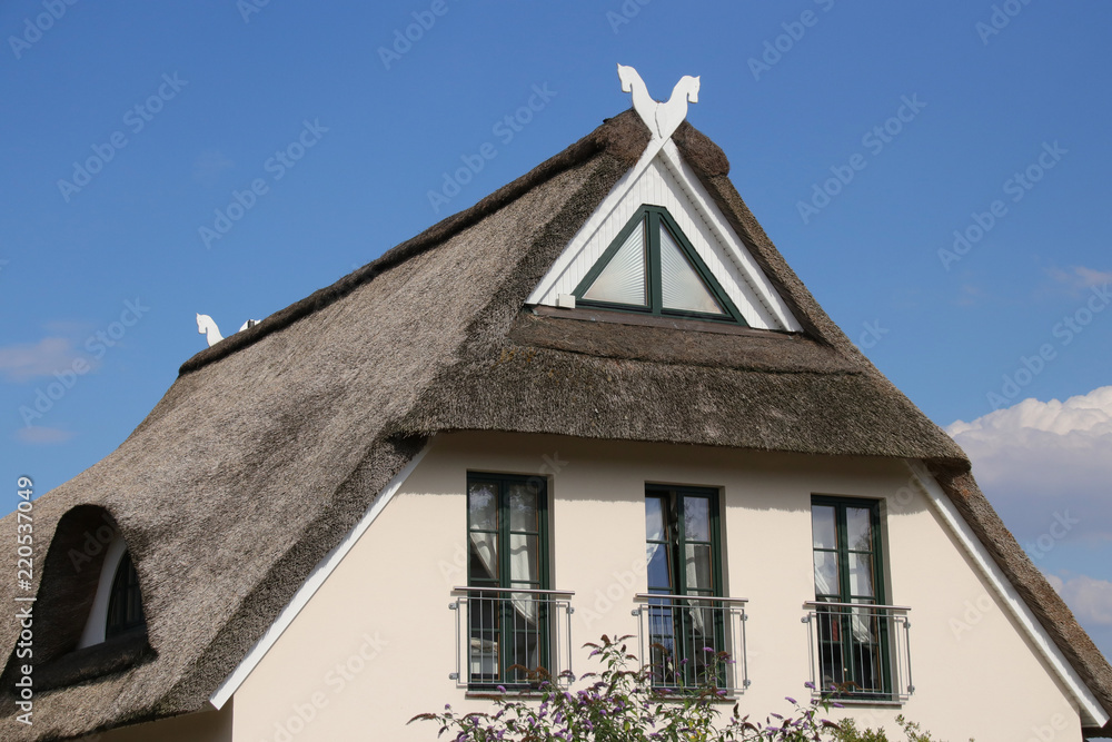 Traditioneller Dachgiebel mit Pferdekopf, Reetdach, Mecklenburg Vorpommern 