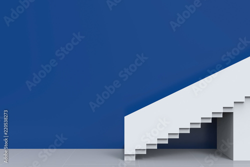 3d rendering. modern white stairs with blue copy space wall background.