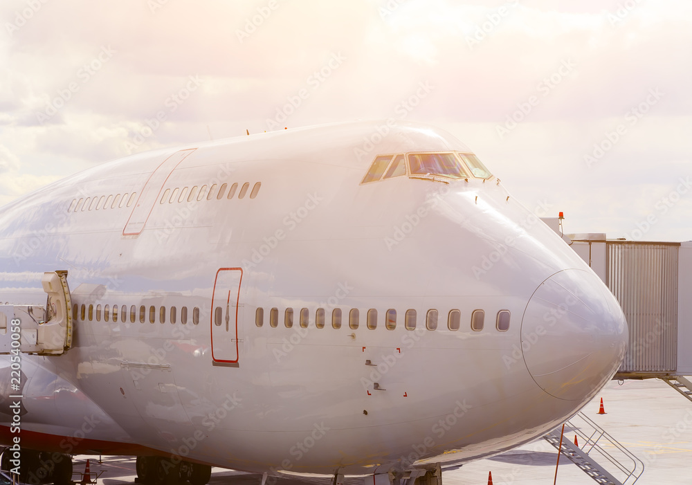 cockpit and fuselage of large plane Jumbo for loading with attached ramp