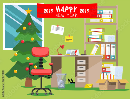 Flat vector illustration of office interior decorated for the new year. Office equipment at green wall with window: new-year tree, banner with congratulations, , stack of paper documents folders