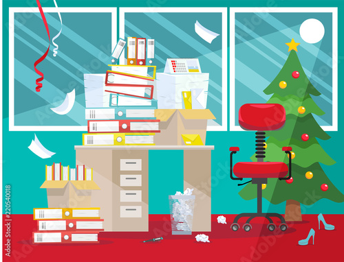 Flat vector illustration of office interior after New year celebration. Disorder after corporate party in office: new-year tree, paper caps, serpentine from ceiling, stack of paper documents folders