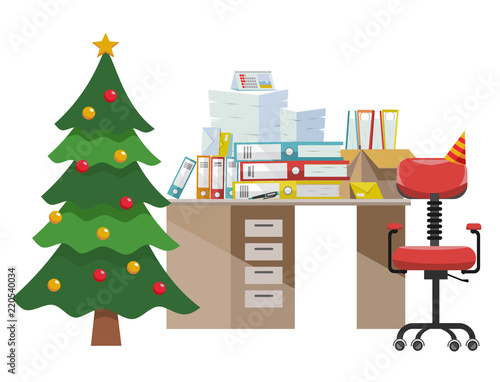 Flat vector illustration of Office equipment at white background: new-year tree, stack of paper documents folders and file folders in cardboard boxes on office table, red chair with paper cap