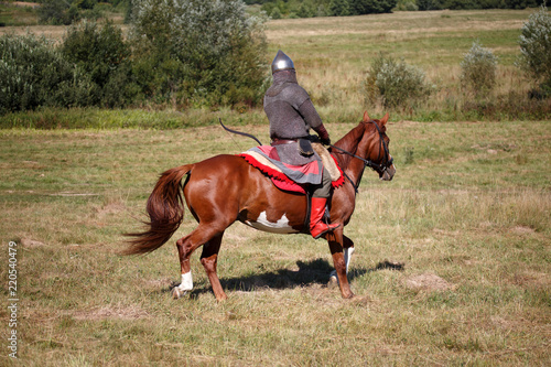 Reconstruction. Medieval armored knight on white horse from fantasy. Equestrian soldier in historical costume. Reenactor is in the field © valyalkin