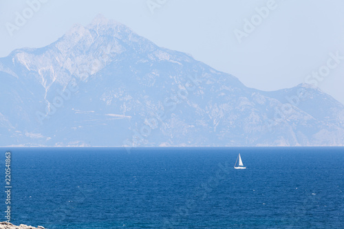 Amazing view of the Athos mountain seen from Sithonia peninsula