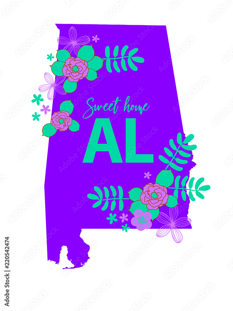 Alabama State Map Creative Vector Typography Lettering Composition with flowers. Design Concept Alabama State Map Creative Vector Typography Lettering Composition with flowers. Design Concept