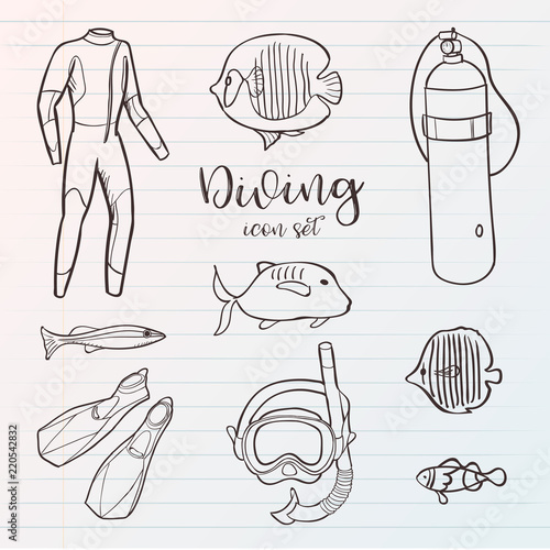 Diving icon doodle set. Underwater. Sea and ocean adventure. Summertime. Kids drawing. Doodle image. Cartoon creatures.