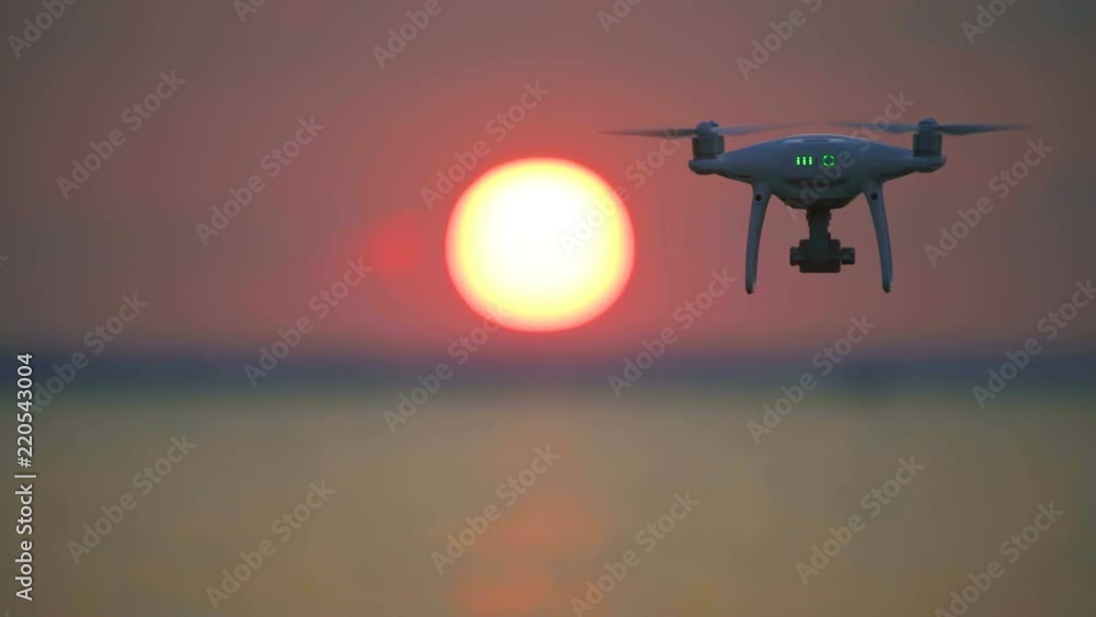 The drone flighting on the bright sunset background The drone flighting on the bright sunset background