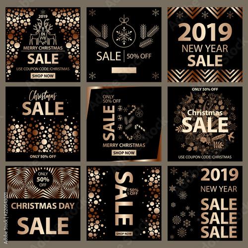 End of Season Sale Banner, Poster, Flyer, Vector. Clearance, on-line shopping. Discount. Set of 2019 Happy New Year Templates with black, gold colors. Design for invitation, banners, ads, coupons