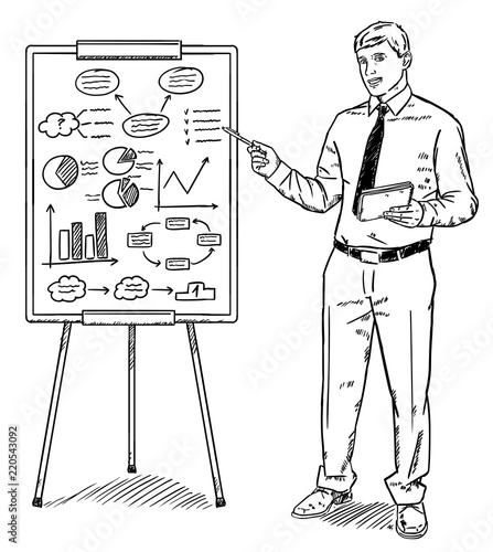 happy businessman is showing corporate data on flipchart