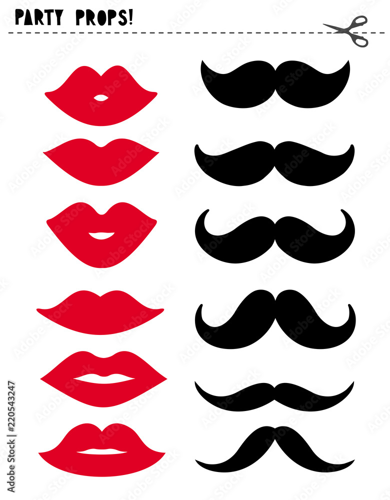 Printable Vector Photo Booth Props. Party Props Set. Various Shape of Red Lips and Black Moustache. Do It Yourself Set. Printable Vector Photo Booth Props. Party Props Set. Various Shape of Red Lips and Black Moustache. Do It Yourself Set.