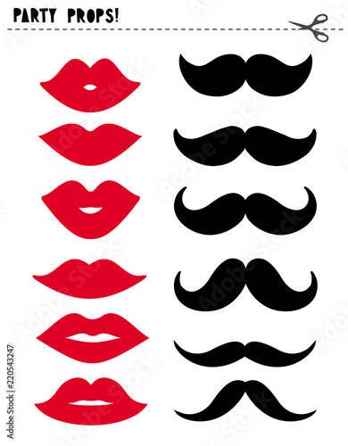 Printable Vector Photo Booth Props. Party Props Set. Various Shape of Red Lips and Black Moustache. Do It Yourself Set.