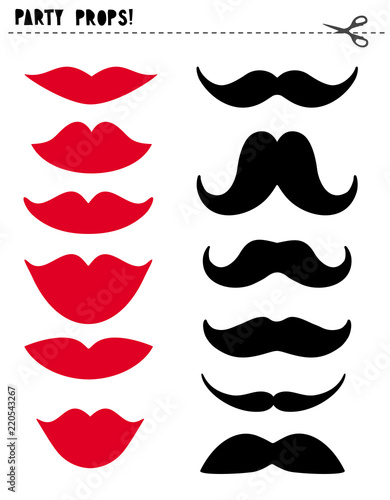 Printable Vector Photo Booth Props. Party Props Set. Various Shape of Red Lips and Black Moustache. Do It Yourself Set.