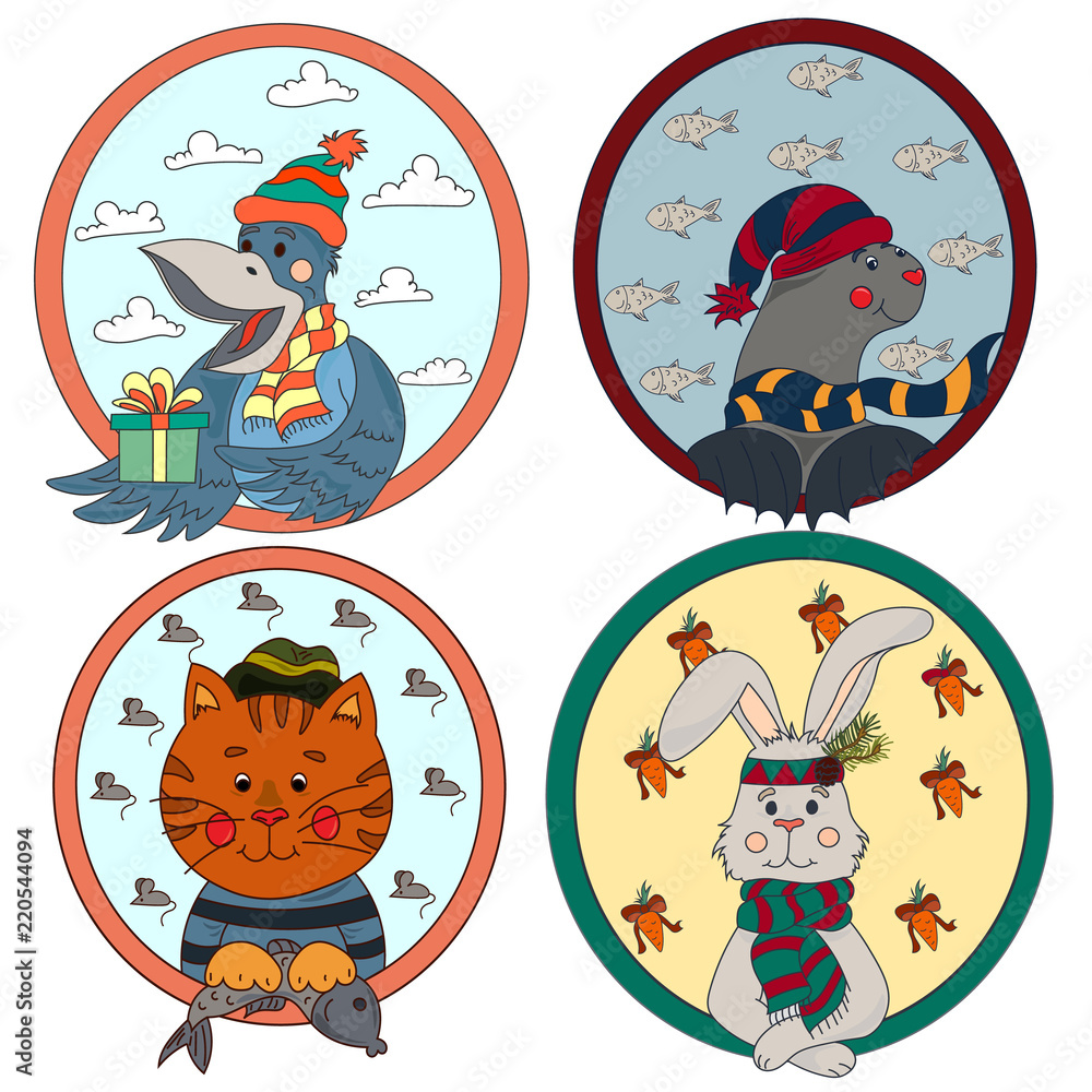 Fototapeta premium A large collection of cute animals and birds on a New Year theme.