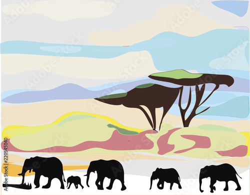 African landscape in hot day with tree and elephants silhouette. Flat design Africa landscape.