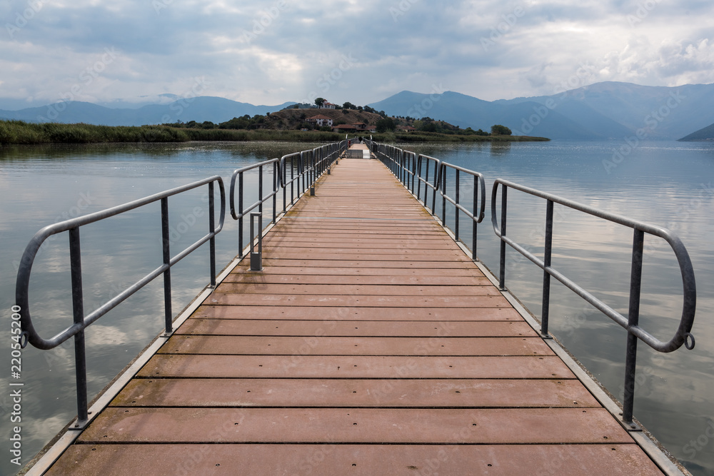 View of the floating bridge in the Mikri (Small) Prespa Lake in northern Greece View of the floating bridge in the Mikri (Small) Prespa Lake in northern Greece