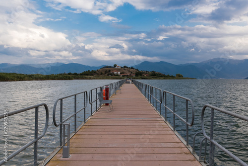View of the floating bridge in the Mikri  Small  Prespa Lake in northern Greece