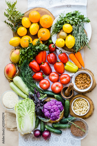 Set of vegetables and fruits lying on the table