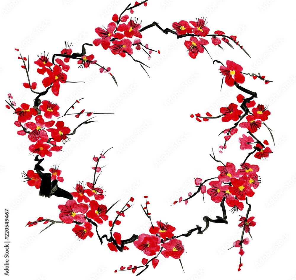 Fototapeta premium Sakura flowers wreath. Pink and red stylized flowers of plum mei and wild apricots . Watercolor and ink illustration in style sumi-e, u-sin. Oriental traditional painting.